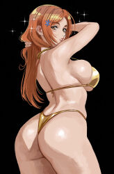  1girl arms_behind_head ass bare_shoulders bikini black_background bleach breasts brown_eyes female_focus gold_bikini hair_ornament hairclip highres inoue_orihime kirani large_breasts light_blush lips long_hair orange_hair parted_lips simple_background standing swimsuit teeth thighs 