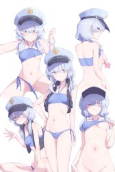 1girl absurdres bikini black_vest blue_archive blue_bikini blush breasts closed_mouth condom condom_wrapper cuffs grey_hair grey_headwear grin hair_between_eyes hat highres holding holding_condom multiple_views navel open_clothes open_mouth open_vest peaked_cap purple_eyes shackles short_hair side-tie_bikini_bottom simple_background small_breasts smile swimsuit t-hou twintails valkyrie_police_academy_student_(sg)_(blue_archive) vest white_background rating:Questionable score:84 user:danbooru