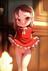  1girl becky_blackbell blurry blurry_background blush brown_eyes brown_hair cleft_of_venus closed_mouth clothes_lift dress dress_lift exhibitionism eyebrows feet_out_of_frame flashing flat_chest forehead frills groin hair_ornament hairclip heart heart_hair_ornament indoors khaz lifting_own_clothes loli looking_at_viewer mole mole_on_forehead mole_on_thigh no_panties parted_bangs public_indecency pussy raised_eyebrows red_dress ribbon short_hair short_sleeves sidelocks skirt skirt_lift smile solo spy_x_family standing thigh_gap thighs  rating:Explicit score:254 user:secret64