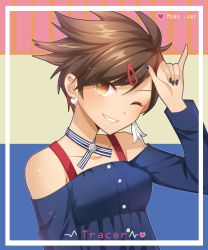  1girl ;d alternate_costume bare_shoulders black_nails blue_dress blue_ribbon breasts brown_eyes brown_hair buttons character_name dress earrings fang female_focus fingernails hair_ornament hairclip hand_up heart highres jewelry kaoruru_(sakuno2911) long_fingernails looking_at_viewer m/ nail_polish neck_ribbon one_eye_closed open_mouth overwatch overwatch_1 ribbon short_hair sleeveless sleeveless_dress smile solo spiked_hair striped_ribbon teeth tracer_(overwatch) twice_(group) upper_body  rating:Sensitive score:12 user:danbooru