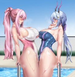  2girls asymmetrical_docking blue_hair blurry blurry_background blush breast_press breasts cleavage competition_swimsuit day dry_humping highleg highleg_one-piece_swimsuit highres horns humping large_breasts long_hair midnight_(banyex) multiple_girls nipples_touching one-piece_swimsuit original outdoors pink_hair pointy_ears ponytail pool pool_ladder purple_eyes red_eyes strapless strapless_one-piece_swimsuit swimsuit tribadism tribadism_through_clothes two-tone_swimsuit water yuri 