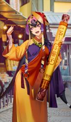  1girl bead_necklace beads breasts brown_hair clothing_request commentary_request earrings fate/grand_order fate_(series) food game_cg hair_rings hands_up hat holding holding_food jewelry long_hair looking_to_the_side mini_hat necklace official_alternate_costume official_art okazaki_takeshi open_mouth outdoors oversized_food oversized_object photo_background purple_eyes solo standing teeth third-party_source upper_teeth_only very_long_hair xuangzang_sanzang_(fate) 