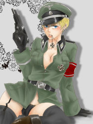  1girl armband axis_powers_hetalia black_panties black_thighhighs blonde_hair blue_eyes boots breasts cleavage cross female_focus gender_request genderswap germany_(hetalia) gun hat iron_cross jewelry large_breasts military military_uniform necklace no_bra open_clothes open_shirt panties shirt short_hair solo thighhighs underwear weapon  rating:Questionable score:13 user:biibii801