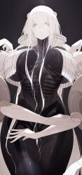  1girl absurdres black_skin bone colored_skin eurica_(ub1mo) exposed_bone extra_arms highres joints multicolored_skin original ribs robot_girl robot_joints see-through_body skeleton solo two-tone_skin ub1mo white_hair white_skin 