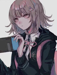  akitsu_(davis0527dx) backpack bag blush brown_hair danganronpa_(series) danganronpa_2:_goodbye_despair dress_shirt frown handheld_game_console highres holding holding_handheld_game_console hood hood_down hooded_jacket jacket medium_hair nanami_chiaki neck_ribbon nintendo_switch open_clothes open_jacket pink_bag pink_ribbon ribbon shirt simple_background white_background white_shirt 