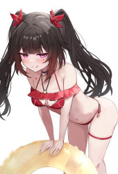  1girl bare_shoulders bikini black_choker black_hair blush breasts butterfly-shaped_pupils choker cleavage collarbone flower_tattoo halterneck highres honkai:_star_rail honkai_(series) innertube kunizaki leaning_forward licking_lips long_hair looking_at_viewer mark_under_both_eyes medium_breasts navel pink_eyes red_bikini side-tie_bikini_bottom smile solo sparkle_(honkai:_star_rail) swim_ring swimsuit symbol-shaped_pupils tattoo thigh_strap thighs tongue tongue_out twintails 