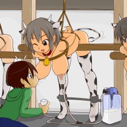 1boy 3girls :d animal_ears animal_print arms_behind_back bdsm bell bent_over blush bondage bound bound_arms breast_sucking breastfeeding breasts brown_hair collar cow_ears cow_girl cow_horns cow_print cow_tail cowbell demodori_(korokke) double_breast_sucking fake_animal_ears grey_hair hanging_breasts hetero high_heels highres horns indoors lactation large_breasts milking_machine multiple_girls neck_bell nipples one_eye_closed open_mouth rope shoes shota smile source_request spreader_bar tail thighhighs tiptoes wink women_livestock rating:Explicit score:252 user:huzzaman