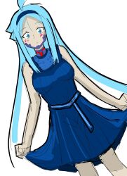1girl blue_dress blue_eyes blush breasts clothes_lift digimon digimon_(creature) dress female_focus highres hudiemon long_hair looking_at_viewer medium_breasts ph6xeivbgpimggg skirt skirt_lift solo solo_focus
