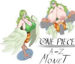 1boy 1girl absurdres blush breasts colored_skin english_text green_hair grey_skin harpy hetero highres huge_breasts huge_penis legs_up long_hair looking_at_viewer looking_back lying missionary monet_(one_piece) monster_girl one_piece open_mouth penis ponytail pussy sex simple_background sunnysundown vaginal white_background white_wings wings rating:Explicit score:111 user:xAkira