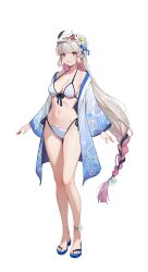 1girl absurdres amamiya_mirei bath_yukata bikini braid breasts collarbone flip-flops flower grin hair_flower hair_ornament highres japanese_clothes kimono long_hair medium_breasts multicolored_hair navel official_alternate_costume official_art red_eyes sandals second-party_source smile solo solo_leveling solo_leveling:_arise standing swimsuit tachi-e toes transparent_background white_bikini white_hair wide_sleeves yukata  rating:Sensitive score:30 user:danbooru