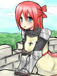  1girl 2000s_(style) armor blue_eyes blue_sky blush bow breasts brick_wall castle cloud commentary_request cowboy_shot day dress expressionless gauntlets hair_bow knight_(ragnarok_online) long_hair looking_at_viewer medium_breasts open_mouth outdoors pauldrons pink_hair rafoll ragnarok_online red_bow shoulder_armor sky solo yellow_dress 