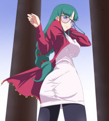  1girl ass back breasts clothes female_focus green_hair kuwashima_houko long_hair looking_back medium_breasts nipples ponytail smile solo sunglasses super_robot_wars yoshida_keiji 