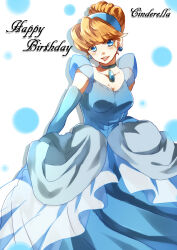  1girl ball_gown blonde_hair blue_dress blue_eyes breasts choker cinderella_(disney_character) cinderella_(disney_movie) dress earrings elbow_gloves gloves gown hair_bun highres jewelry large_breasts looking_at_viewer princess princess_dress short_hair smile solo souen_senri 