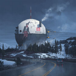  ad car highres motor_vehicle mountain no_humans official_art power_lines road science_fiction simon_stalenhag snow steam the_electric_state tree 