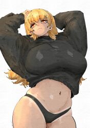  1girl arms_behind_head black_panties black_sweater blonde_hair breasts frown hibiki_(macqus) highres large_breasts miregeist mole mole_under_eye navel navel_piercing orange_eyes original oversized_clothes panties piercing plump pubic_hair pubic_hair_peek skindentation sweater tan tanline underwear 