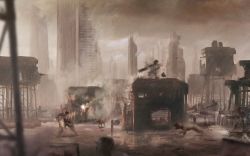  1980s_(style) 1990s_(style) 1boy bandana battle bill_rizer blood building city contra contra_iii_the_alien_wars dog epic firing gun highres monster muzzle_flash oldschool orioto rain realistic retro_artstyle robot ruins weapon 
