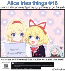  &gt;_&lt; +++ 3girls alice_margatroid black_shirt blonde_hair blue_eyes blush bnelsey bow bowtie capelet closed_mouth commentary english_commentary english_text grey_hair hair_bobbles hair_ornament hair_ribbon hairband holding holding_paper ko-fi_logo long_hair medicine_melancholy medium_hair multiple_girls one_side_up open_mouth paper qr_code red_bow red_bowtie red_hairband red_ribbon request_inset ribbon screenshot_inset shinki_(touhou) shirt smile touhou touhou_(pc-98) twitter_username white_capelet 
