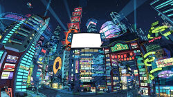  aircraft akabane_1999 architecture billboard building city city_lights cityscape commentary_request complex_exterior crosswalk cyberpunk dirigible door east_asian_architecture highres intersection lamppost night night_sky no_humans original outdoors power_lines road scenery shop sign sky skyscraper spotlight star_(sky) starry_sky street tower traffic_light translation_request utility_pole window 