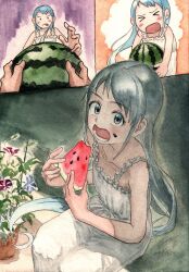  blue_hair dress eating food food_on_face fruit highres kantai_collection long_hair looking_at_viewer open_mouth samidare_(kancolle) sundress very_long_hair wadachi354 watermelon watermelon_slice 