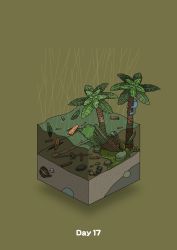beach climbing commentary_request diorama flood gozz green_background highres isometric original palm_leaf palm_tree plank rain sand shipwreck skull treasure_chest tree rating:General score:1 user:danbooru