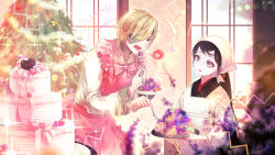  1boy 1girl alfiedo_krofi apron black_hair blonde_hair cake censored censored_food christmas christmas_tree copyright_name dairoku_ryouhei day del_depths eating eyepatch food fork green_eyes grey_eyes hat heart highres holding holding_fork indoors japanese_clothes kimono lipstick long_hair long_sleeves makeup miasma motion_blur pale_skin pink_apron ponytail shirt sparkle spoken_heart uraku_tamaki white_hat white_shirt window 