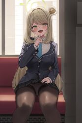  1girl black_jacket black_pantyhose black_skirt blonde_hair blue_archive blue_necktie collared_shirt crotch_seam dwadwa98 finger_to_mouth green_eyes green_halo halo highres jacket lifting_own_clothes long_hair long_sleeves looking_at_viewer necktie nonomi_(blue_archive) pantyhose shirt sitting skirt white_shirt 