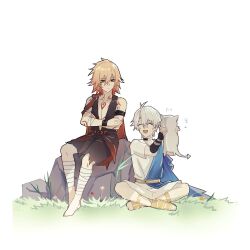  2boys aged_down ancient_greek_clothes antenna_hair arm_tattoo bandaged_leg bandages black_shirt black_shorts blonde_hair blue_cape braid cape chest_tattoo chimera_(honkai:_star_rail) chinese_commentary chiton commentary_request facial_tattoo flying_sweatdrops gradient_hair greco-roman_clothes hair_between_eyes highres honkai:_star_rail honkai_(series) looking_at_another male_focus medium_hair multicolored_hair multiple_boys mydei_(honkai:_star_rail) on_rock phainon_(honkai:_star_rail) red_cape red_hair red_tattoo robe shirt short_hair shorts side_braid simple_background sitting sleeveless sleeveless_shirt tabitha29324705 tattoo white_background white_hair white_robe yellow_eyes 