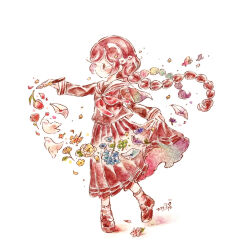  1girl ballpoint_pen_(medium) bird blush braid brown_eyes brown_hair bug butterfly clothes_lift commentary_request danganronpa:_trigger_happy_havoc danganronpa_(series) envelope flower fukawa_toko full_body glasses highres holding holding_pen insect long_hair long_skirt long_sleeves neckerchief nib_pen_(object) painting_(medium) pen pen_(medium) pleated_skirt red_neckerchief rose round_eyewear sailor_collar school_uniform serafuku shoes signature simple_background skirt skirt_hold skirt_lift skirt_set socks solo star_(symbol) traditional_media twin_braids twintails very_long_hair watercolor_(medium) white_background white_bird yukichi_0611 
