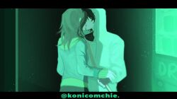  1boy 1girl bag black_hair black_shirt coat cry_of_fear fingerless_gloves gloves green_coat green_hair green_hoodie green_theme grey_gloves hetero highres holding_hands hood hood_up hoodie kiss konicomchiee letterboxed light_particles medium_hair phone shirt short_hair shoulder_bag simon_henriksson sophie_(cry_of_fear) 