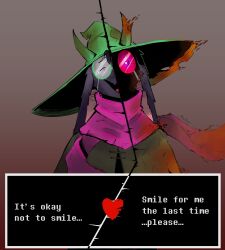  1boy animal_ears artist_name black_fur broken_eyewear commentary crying deltarune dialogue_box dialogue_options disintegration english_commentary english_text false_smile furry furry_male glasses goat_boy goat_ears goat_horns gradient_background green_hat green_robe hat highres horns looking_at_viewer mechamichal one_eye_closed pink_scarf ralsei ralsei_(hat) robe scarf smile solo split_theme tongue witch_hat 