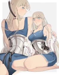  1girl absurdres arched_back bare_shoulders blonde_hair blue_bra blue_eyes blue_shorts blunt_bangs blush bra cable dolphin_shorts ecomoesty highres long_hair looking_at_viewer looking_back mechabare original shirt shorts sports_bra underwear white_shirt 