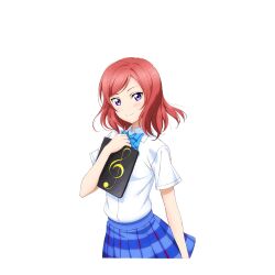  1girl blue_bow blue_bowtie blue_skirt blush bow bowtie closed_mouth cowboy_shot diagonal-striped_bow diagonal-striped_bowtie diagonal-striped_clothes dress_shirt hand_up holding looking_at_viewer love_live! love_live!_school_idol_festival love_live!_school_idol_project nishikino_maki official_art otonokizaka_school_uniform plaid_clothes plaid_skirt pleated_skirt purple_eyes red_hair school_uniform sheet_music shirt short_hair skirt smile solo striped_clothes summer_uniform transparent_background treble_clef white_shirt 