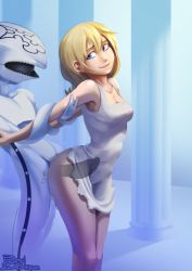  1girl 2018 arms_behind_back bare_shoulders bikupan blonde_hair blue_eyes breasts clothed_sex clothes_lift column doggystyle dress dress_lift dusk happy_sex kingdom_hearts large_penis legs_together monster monster_sex namine nobody_(kingdom_hearts) penis pillar purple_eyes pussy_juice sex sex_from_behind sleeveless sleeveless_dress small_breasts standing x-ray  rating:Explicit score:268 user:twilight_jester