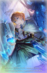  1boy ascot atelier_(series) atelier_resleriana bare_tree black_gloves black_pants blonde_hair blue_eyes cape cave_interior closed_mouth collared_shirt copyright_notice crossed_legs crystal earrings elbow_gloves esukee feet_out_of_frame fingerless_gloves flask gloves hair_between_eyes hand_on_own_chin holding holding_flask jewelry light_particles looking_at_viewer looking_to_the_side male_focus mushroom official_art outdoors pants roman_kalman round-bottom_flask shirt short_hair short_sleeves smile solo sword tree weapon white_cape white_shirt yellow_ascot 