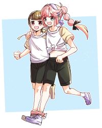  2girls :d anyoji_hime black_ribbon black_shorts blonde_hair blue_background brown_hair commentary gym_shirt gym_shorts gym_uniform hair_ribbon hairband hand_on_another&#039;s_shoulder hasu_no_sora_gym_uniform highres kachimachi_kosuzu kanduki_kamibukuro leg_up link!_like!_love_live! long_hair love_live! midriff multi-tied_hair multiple_girls open_mouth pink_hair ponytail purple_hairband purple_shoes ribbon running school_festival shirt shoes short_sleeves shorts simple_background smile sneakers socks three-legged_race tied_shirt virtual_youtuber white_socks yellow_hairband yellow_shoes yellow_sleeves 