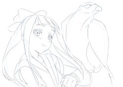 1girl ainu_clothes arm_up breasts clenched_hand fingerless_gloves gloves hair_ribbon highres long_hair looking_at_viewer mamahaha medium_breasts monochrome nakoruru ribbon samurai_spirits sketch smile snk the_king_of_fighters