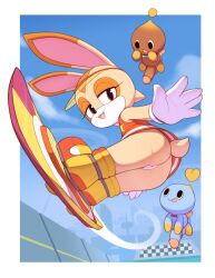  1girl 2boys absurdres animal_ears ass border chao_(sonic) cleft_of_venus commentary cream_the_rabbit full_body furry furry_female gloves highres hoverboard kekitopu large_penis loli looking_at_viewer multiple_boys neutral_chao open_mouth penis pussy rabbit_ears rabbit_girl rabbit_tail red_eyes sonic_(series) sonic_riders sonic_riders_(series) tail testicles uncensored white_border white_gloves 