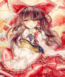  2girls :d black_dress blonde_hair blush bow detached_sleeves dress empty_eyes finger_to_mouth flower food fruit hair_tubes hakurei_reimu hat kirisame_marisa long_sleeves mini_person minigirl multiple_girls open_mouth red_ball red_bow red_dress red_eyes red_flower red_ribbon ribbon sanuo smile strawberry touhou white_sleeves witch_hat yellow_background 
