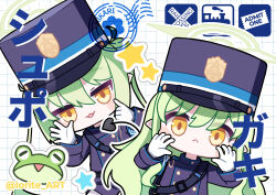  2girls absurdres armband blue_archive blue_armband closed_mouth commentary gloves green_hair green_halo halo hands_up hat highres hikari_(blue_archive) iorite_art long_hair multiple_girls nozomi_(blue_archive) open_mouth orange_eyes peaked_cap pointy_ears siblings sisters train_conductor twins twitter_username upper_body white_gloves 