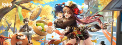 1boy 2girls :d absurdres architecture artist_request bamboo bamboo_steamer bell black_gloves black_hair black_headwear black_ribbon black_shorts blue_sky blush braid braided_hair_rings brown_coat brown_hair brown_jacket brown_shorts building bush chinese_clothes chinese_commentary closed_eyes cloud coat commentary_request cup day dress drinking east_asian_architecture eyelashes falling_leaves fence fingerless_gloves floating_hair flower flower-shaped_pupils food food_request genshin_impact ginkgo_leaf gloves guoba_(genshin_impact) hair_between_eyes hair_ornament hair_rings hairclip hand_up hat hat_flower highres holding holding_cup hu_tao_(genshin_impact) hug hug_from_behind jacket jingle_bell leaf leg_up logo long_hair long_sleeves looking_at_another looking_at_viewer looking_back mountain multiple_girls official_art open_mouth outdoors pelvic_curtain plum_blossoms pole porkpie_hat red_eyes red_flower red_panda ribbon rope short_hair short_shorts shorts sidelocks sitting sky sleeveless sleeveless_dress smile sparkle standing standing_on_one_leg surprised symbol-shaped_pupils tailcoat tassel teacup teapot teeth tree twin_braids twintails upper_teeth_only very_long_hair water water_drop wide_sleeves xiangling_(genshin_impact) yellow_dress yellow_eyes yunomi zhongli_(genshin_impact) rating:General score:6 user:danbooru