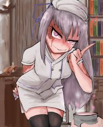  1girl absurdres anderhorlo aphrodisiac bookshelf candlelight cup dorei_to_no_seikatsu_~teaching_feeling~ hat highres indoors long_hair nurse nurse_cap pink_eyes scar sylvie_(dorei_to_no_seikatsu) tagme white_hair  rating:General score:27 user:pokeball99