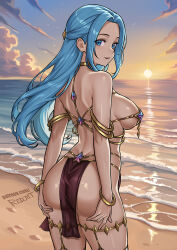  1girl ass blue_eyes blue_hair bracelet cloud cloudy_sky evening gold_armlet gold_bracelet harem_outfit highres jewelry long_hair nefertari_vivi one_piece redjet revealing_clothes sand sky solo sun sunset 