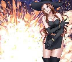  1girl black_dress boots breasts brown_hair crimson_comics dress elbow_gloves gloves hat jewelry long_hair necklace seifuku-sareta_onna_touzokudan thigh_boots thighhighs wavy_hair witch_sonia 