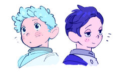  2boys alph_(pikmin) black_eyes blue_hair blush_stickers buttons cousins cropped_torso forehead freckles half-closed_eyes happy highres humanization looking_ahead male_focus messy_hair multiple_boys nintendo notice_lines pikmin_(series) short_hair simple_background spacesuit surprised swept_bangs white_background yorke_(pikmin) yu_pikmin 