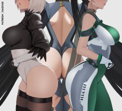  2b_(nier:automata) 3girls absurdres artist_logo artist_name ass ass-to-ass ass_focus bayonetta bayonetta_(series) black_hair black_hairband black_thighhighs bodysuit breasts crossover curvy eve_(stellar_blade) female_focus from_side gloves green_bodysuit grey_hair hairband highres juliet_sleeves kaos_art large_breasts leotard logo long_hair long_sleeves multicolored_bodysuit multiple_girls nier:automata nier_(series) patreon_username planet_diving_suit_(7th)_(stellar_blade) ponytail puffy_sleeves short_hair side-by-side skin_tight stellar_blade thick_thighs thighhighs thighs thong tight_clothes trait_connection very_long_hair white_background white_bodysuit white_hair  rating:Sensitive score:120 user:danbooru