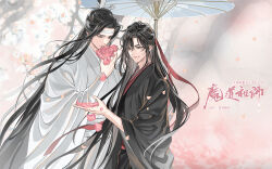  2boys bishounen black_hair black_hanfu branch cherry_blossoms chinese_clothes closed_mouth copyright_name couple falling_petals flower gearous grey_eyes hair_down hair_ribbon half_updo hanfu headband highres holding holding_flower holding_petal holding_umbrella lan_wangji long_hair long_sleeves looking_at_another looking_down male_focus modao_zushi multiple_boys official_alternate_hairstyle official_art oil-paper_umbrella outdoors parted_lips petals pink_flower red_ribbon ribbon robe shared_umbrella smelling smelling_flower smile standing third-party_source topknot tree umbrella upper_body very_long_hair wei_wuxian wei_wuxian_(yiling_laozu) white_hanfu white_headband white_umbrella wide_sleeves xiao_guan_(headdress) yaoi yellow_eyes 