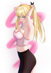  1girl absurdres armpits arms_up bare_shoulders blonde_hair breasts commentary dokibird dokibird_(retro_doki) english_commentary green_eyes hair_tie_in_mouth highres indie_virtual_youtuber long_hair looking_at_viewer looking_to_the_side midriff mouth_hold signature simple_background small_breasts solo squiggle sweat twintails tying_hair underwear virtual_youtuber xirokohi 