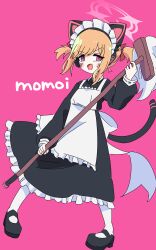  1girl absurdres animal_ear_headphones animal_ears apron black_dress black_shoes black_tail blonde_hair blue_archive blush_stickers bow bright_pupils cat_ear_headphones cat_ears cat_tail character_name collared_dress commentary_request contrast_collar dress fake_animal_ears fake_tail floating_hair frilled_apron frilled_dress frills full_body hair_bow halo hand_up headphones highres holding holding_mop legs_apart long_dress looking_to_the_side maid maid_apron maid_headdress mary_janes medium_hair momoi_(blue_archive) momoi_(maid)_(blue_archive) mop multicolored_eyes no_nose official_alternate_hairstyle open_mouth pantyhose parted_bangs pigeon-toed pink_background pink_eyes pink_halo red_bow shoes short_twintails sidelocks simple_background smile solo standing suzshilo swept_bangs tail tail_raised twintails two-tone_eyes v-shaped_eyebrows white_apron white_bow white_headdress white_pantyhose white_pupils 
