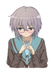  1girl blue_sailor_collar blush brown_cardigan brown_eyes cardigan collarbone glasses highres ho6ou kita_high_school_uniform long_sleeves looking_to_the_side nagato_yuki over-rim_eyewear purple_hair red_ribbon ribbon sailor_collar school_uniform semi-rimless_eyewear serafuku short_hair simple_background solo suzumiya_haruhi_no_shoushitsu suzumiya_haruhi_no_yuuutsu upper_body white_background winter_uniform 