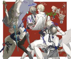  2boys angel angel_wings blonde_hair blue_eyes chibi chibi_inset colored_skin dark_skin feathered_wings food gloves halo highres holding holding_weapon hourglass leg_armor male_focus multiple_boys multiple_views necktie original pants qyzhiaiyisheng red_eyes shirt short_hair smile weapon white_hair wings 